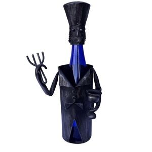 Metal Wine Bottle Caddy Chef with Fork and Chalice Silver Tone